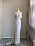 Simple Sheath V Neckline Long Satin Backless Wedding Dresses Brides Dress HZ1214