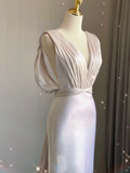 Simple Sheath V Neckline Long Satin Backless Wedding Dresses Brides Dress HZ1214