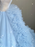 Pretty Ball Gown Strapless Blue Layers Tulle Long Prom Dresses Evening Dresses HZ1214