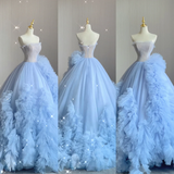 Pretty Ball Gown Strapless Blue Layers Tulle Long Prom Dresses Evening Dresses HZ1214
