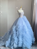 Pretty Ball Gown Strapless Blue Layers Tulle Long Prom Dresses Evening Dresses HZ1214