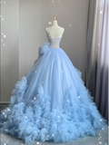 Pretty Ball Gown Strapless Blue Layers Tulle Long Prom Dresses Evening Dresses HZ1214