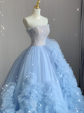 Pretty Ball Gown Strapless Blue Layers Tulle Long Prom Dresses Evening Dresses HZ1214