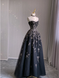 Pretty Ball Gown Strapless Black Tulle Long Prom Dresses Evening Dresses HZ1214