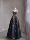 Pretty Ball Gown Strapless Black Tulle Long Prom Dresses Evening Dresses HZ1214