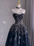 Pretty Ball Gown Strapless Black Tulle Long Prom Dresses Evening Dresses HZ1214