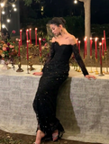Elegant Off-the-shoulder Sheath Long Prom Dresses Lace Black Evening Dresses HZ1121