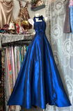 Chic Halter A-Line Long Prom Dresses Satin Blue Evening Dresses HZ1121