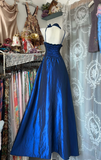 Chic Halter A-Line Long Prom Dresses Satin Blue Evening Dresses HZ1121