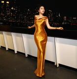 Chic V-neck Sheath Long Prom Dresses Satin Yellow Evening Dresses HZ1121