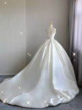 Unique Ball Gown Strapless Ruffles Long Satin White Wedding Dresses Brides Dress HZ1214