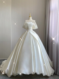 Unique Ball Gown Strapless Ruffles Long Satin White Wedding Dresses Brides Dress HZ1214