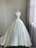 Unique Ball Gown Strapless Ruffles Long Satin White Wedding Dresses Brides Dress HZ1214