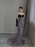 Pretty Mermaid Spaghetti Straps Sequin Sleeveless Long Prom Dresses High School Evening Dresses HZ1214