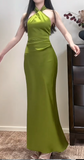 Chic Halter Sheath Long Prom Dresses Satin Olive Green Evening Dresses Sleeveless Formal Dresses HZ1121