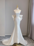 Simple Mermaid Strapless Neckline Long Satin Wedding Dresses Brides Dress With Bow-knot HZ1214