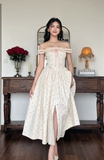 Elegant Off-the-shoulder A-Line Formal Dresses Satin Floral Wedding Guest Dresses HZ1121