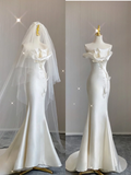 Simple Mermaid Strapless Long Satin White Wedding Dresses Brides Dress With Appliques HZ1214