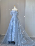 Pretty A line Scoop Neckline Blue Tulle Long Prom Dresses Graduation Dress High School Classy Evening Dresses HZ1214
