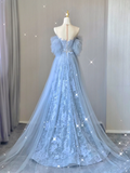 Pretty A line Scoop Neckline Blue Tulle Long Prom Dresses Graduation Dress High School Classy Evening Dresses HZ1214