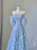 Pretty A line Scoop Neckline Blue Tulle Long Prom Dresses Graduation Dress High School Classy Evening Dresses HZ1214