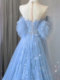Pretty A line Scoop Neckline Blue Tulle Long Prom Dresses Graduation Dress High School Classy Evening Dresses HZ1214