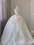 Timeless Ball Gown Strapless Long Satin White Sweep Train Wedding Dresses Brides Dress HZ1214