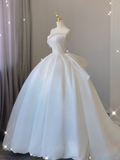 Timeless Ball Gown Strapless Long Satin White Sweep Train Wedding Dresses Brides Dress HZ1214