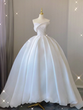 Timeless Ball Gown Strapless Long Satin White Sweep Train Wedding Dresses Brides Dress HZ1214