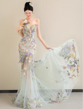 Fairy Mermaid Soft Green Long Prom Dresses Sweetheart Neck Tulle Applique Light Green Birthday Dresses HZ1121