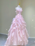 Pretty Ball Gown Strapless Long Prom Dresses Pink Graduation Dress High School Classy Evening Dresses HZ1214