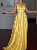 Chic V-neck Sheath Yellow Long Prom Dresses Satin Yellow Wedding Guest Dresses HZ1121
