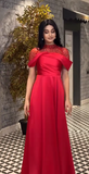 Chic Turtleneck A-Line Red Long Prom Dresses Short Sleeve Formal Dresses Beaded Satin Red Evening Dresses HZ1121