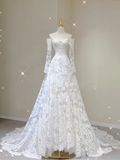 Unique A line Off The Shoulder Lace Long Sleeves White Wedding Dresses Summer Brides Dress HZ1214