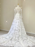 Unique A line Off The Shoulder Lace Long Sleeves White Wedding Dresses Summer Brides Dress HZ1214