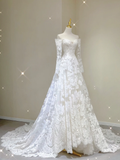 Unique A line Off The Shoulder Lace Long Sleeves White Wedding Dresses Summer Brides Dress HZ1214