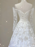 Unique A line Off The Shoulder Lace Long Sleeves White Wedding Dresses Summer Brides Dress HZ1214