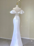 Simple Mermaid V Neckline Long White Wedding Dresses Summer Brides Dress HZ1214