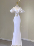 Simple Mermaid V Neckline Long White Wedding Dresses Summer Brides Dress HZ1214