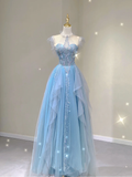 Pretty Ball Gown Scoop Long Prom Dresses Blue Graduation Dress High School Classy Evening Dresses HZ1214