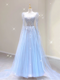 Pretty Ball Gown Scoop Long Sleeves Prom Dresses Blue Graduation Dress High School Classy Evening Dresses HZ1214