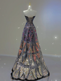 Pretty Ball Gown Strapless Black Sequin Long Prom Dresses Graduation Dress High School Classy Evening Dresses HZ1214