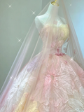 Pretty Ball Gown Strapless Pink Tulle Long Prom Dresses High School Outfits Evening Dresses HZ1214