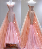 Classy Mermaid Strapless Sequin Long Pink Prom Dresses Graduation Dress High School Classy Evening Dresses HZ1214