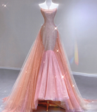 Classy Mermaid Strapless Sequin Long Pink Prom Dresses Graduation Dress High School Classy Evening Dresses HZ1214