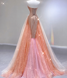 Classy Mermaid Strapless Sequin Long Pink Prom Dresses Graduation Dress High School Classy Evening Dresses HZ1214