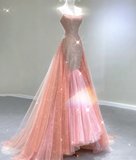 Classy Mermaid Strapless Sequin Long Pink Prom Dresses Graduation Dress High School Classy Evening Dresses HZ1214