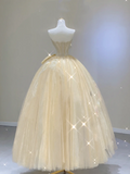 Modest Ball Gown Strapless Yellow Tulle Long Prom Dresses High School Outfits Graduation Dress Evening Dresses HZ1214