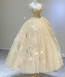 Modest Ball Gown Strapless Yellow Tulle Long Prom Dresses High School Outfits Graduation Dress Evening Dresses HZ1214