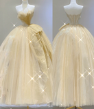 Modest Ball Gown Strapless Yellow Tulle Long Prom Dresses High School Outfits Graduation Dress Evening Dresses HZ1214